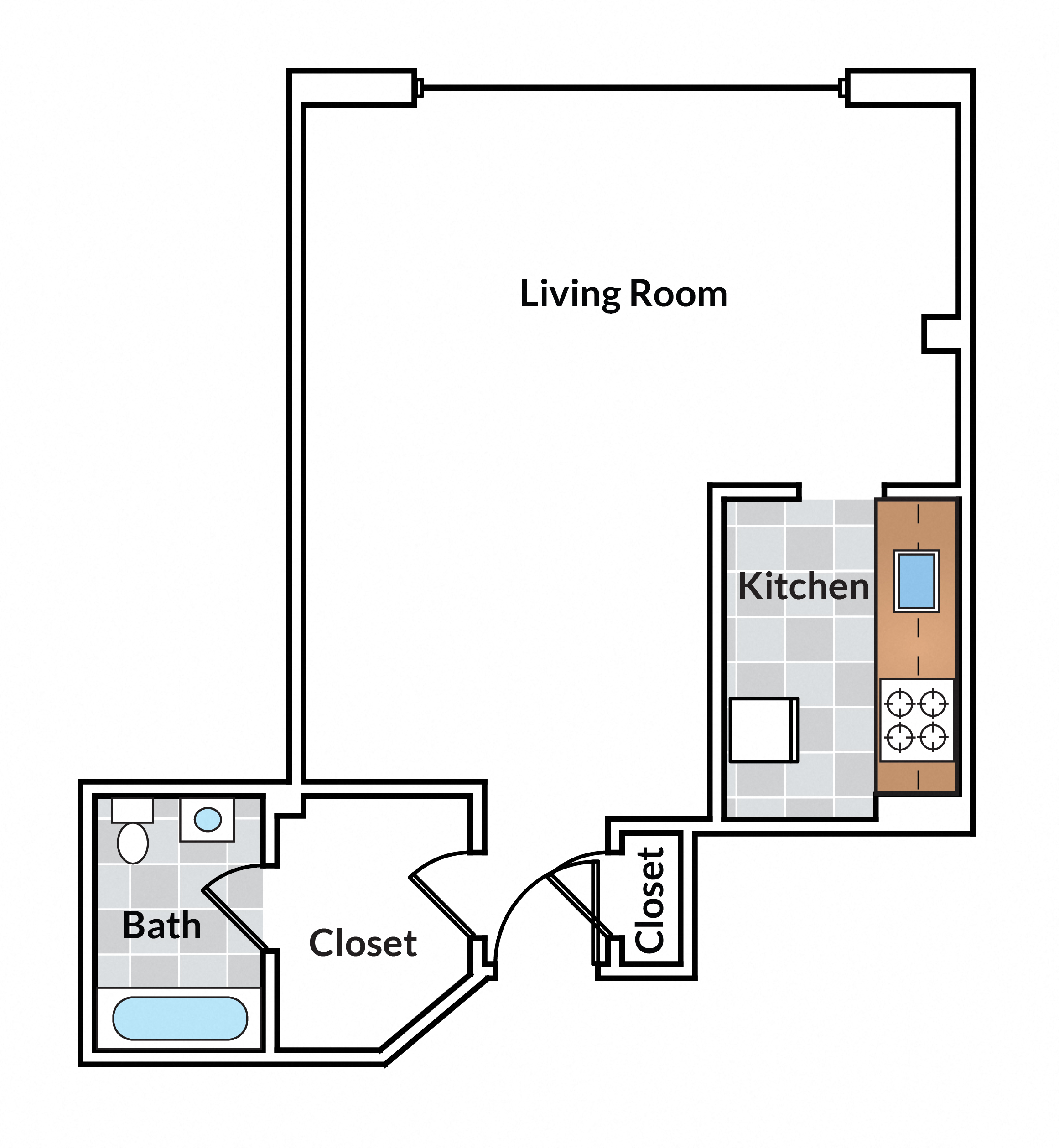 Floor plan for studio, 1 bath, 530 sqft